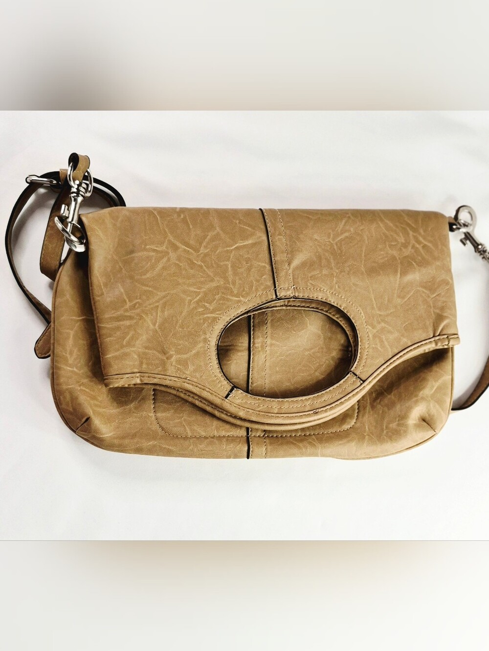 Tan Women’s Faux-Leather Shoulder Bag with Cutout Handle